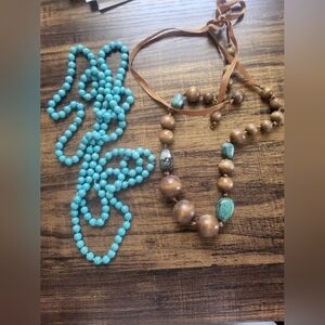 BOHO .Turquoise Bead and Brown Wooden Statement Necklace Set